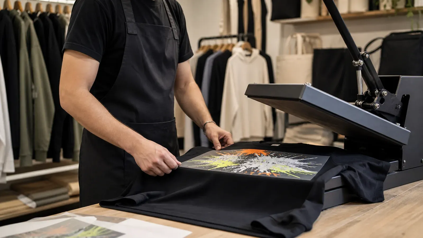 Pressage d’un transfert sur textile, visuel conceptuel